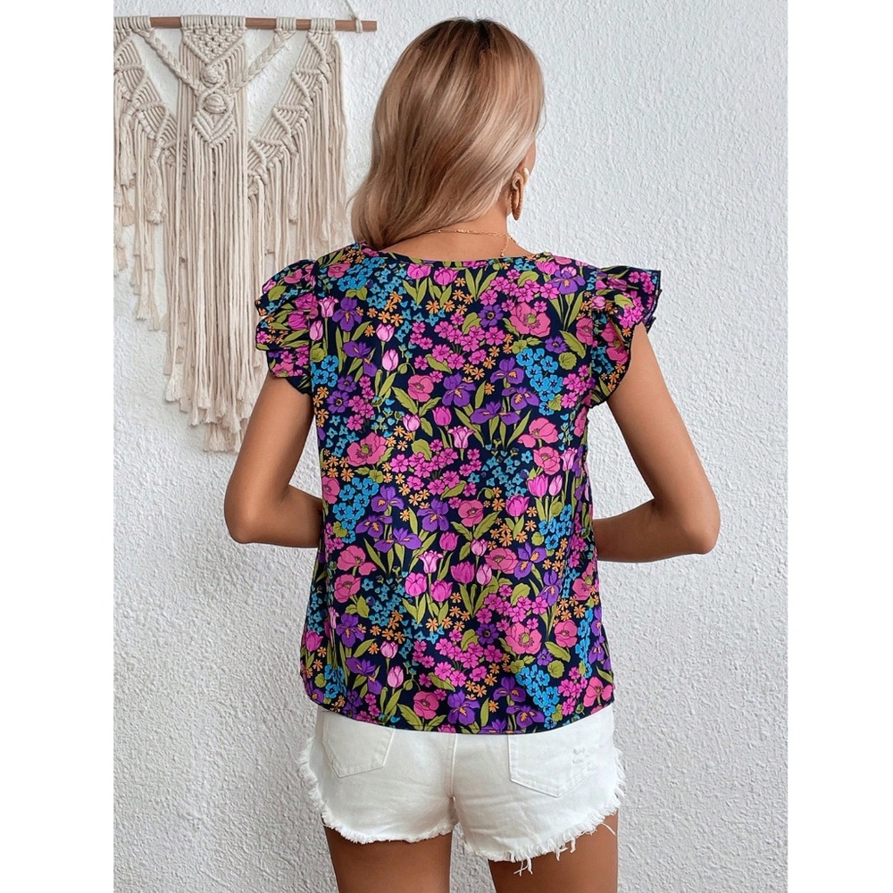 Floral Multicolor Shirt V-Neck Butterfly Cap Sleeve - Picture 4 of 7